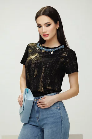 Tricou dama premium negru din bumbac cu pelicula fina aurie si colier de blug cu accesorii metalice decorative