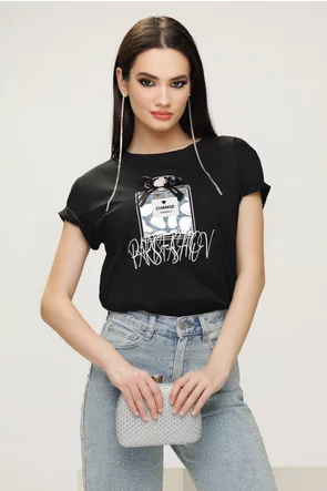 Tricou dama premium negru din bumbac parfum stilizat