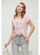 Tricou dama roz premium cu aplicatii perle cristale si funda