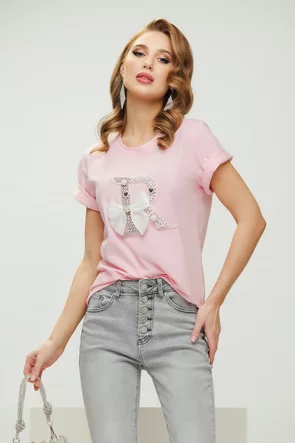 Tricou dama roz premium cu aplicatii perle cristale si funda
