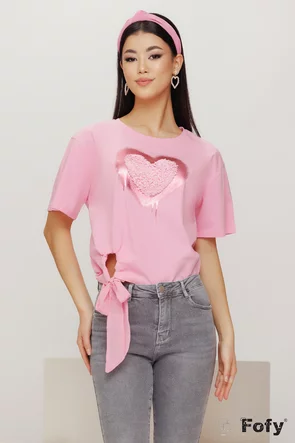 Tricou dama roz premium cu inima 3D, perle si snur decorativ