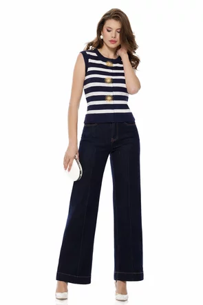 Vesta dama eleganta bleumarin in dungi din tricot premium cu capse metalice tip bijuterie aurii