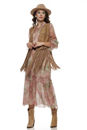 Vesta dama premium camel din piele intoarsa suede cu broderie geometrica si franjuri lungi