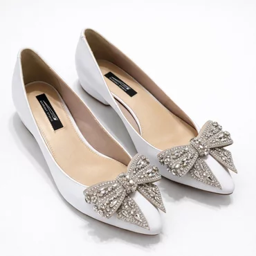 Balerini Piele Naturala Albi cu funda Love Angel