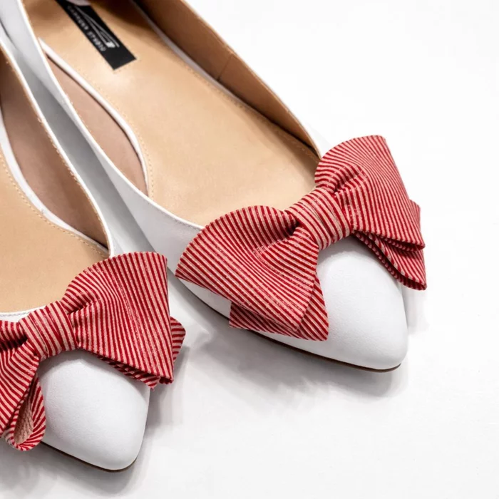 Balerini Piele Naturala Albi cu funda rosie Alisia picture - 2