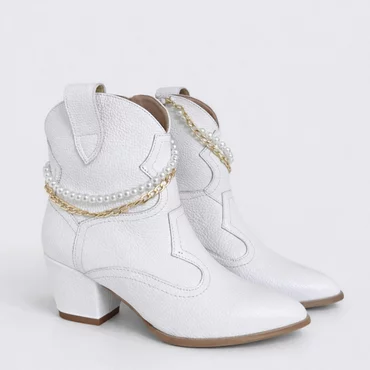 Ciocate dama Piele Naturala Albe bizonat accesorizate cu lant perle Sisa