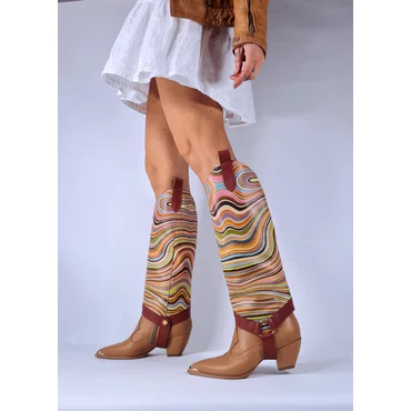 Cizme cu carambi detasabili Piele Naturala Bej cu imprimeu color Jinx