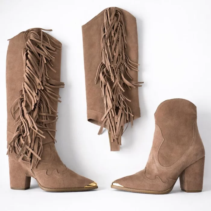 Cizme cu carambi detasabili Piele Naturala Velur Bej Capucino cu franjuri Dakota Jinx P picture - 2