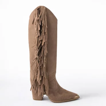 Cizme cu carambi detasabili Piele Naturala Velur Bej Capucino cu franjuri Dakota Jinx P