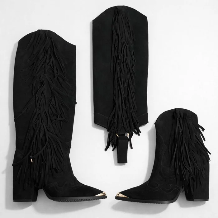 Cizme cu carambi detasabili Piele Naturala Velur Negru cu franjuri Dakota Jinx P picture - 2