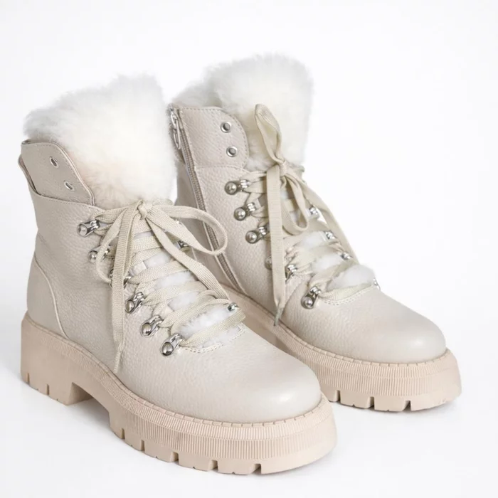 Ghete din Piele Naturala Bej cu blanita Pufy picture - 2