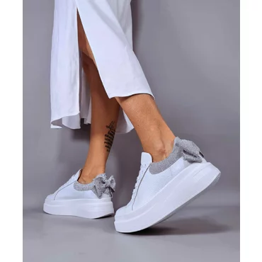 Pantofi casual Piele Naturala albi cu argintiu Bow