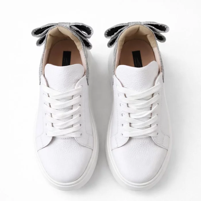 Pantofi casual Piele Naturala albi cu argintiu Bow picture - 3