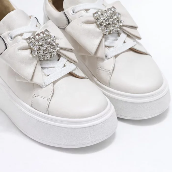 Pantofi casual Piele Naturala Albi cu funda si accesoriu Noam picture - 2