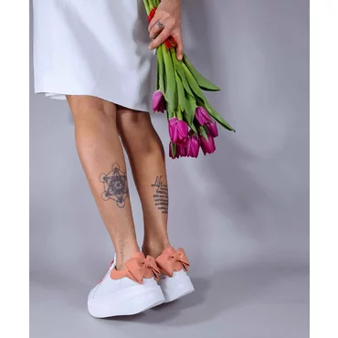 Pantofi casual Piele Naturala albi cu roz Bow
