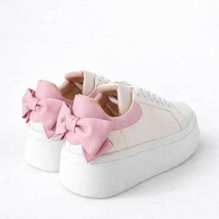 Pantofi casual Piele Naturala albi cu roz Bow picture - 2