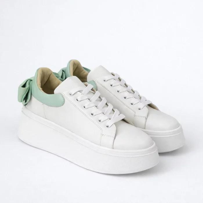 Pantofi casual Piele Naturala Albi cu Verde Turcoaz Bow picture - 3