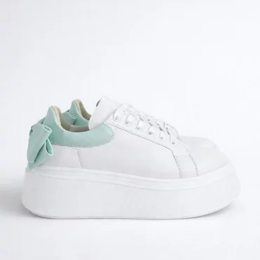 Pantofi casual Piele Naturala Albi cu Verde Turcoaz Bow