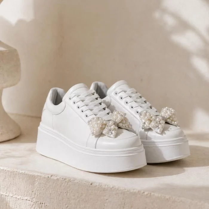 Pantofi casual Piele Naturala Albi sidefat cu funda perle Velisse picture - 6