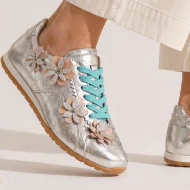 Pantofi casual Piele Naturala Argintii cu flori Teralis