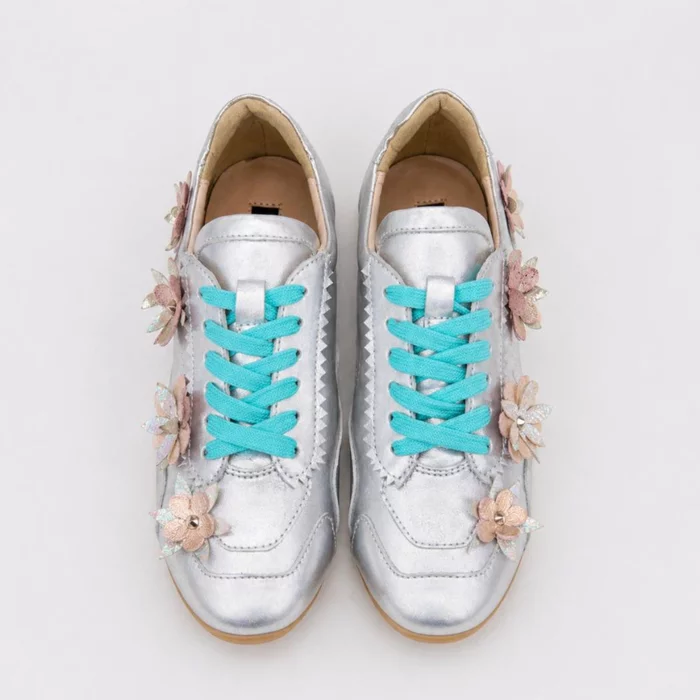 Pantofi casual Piele Naturala Argintii cu flori Teralis picture - 6