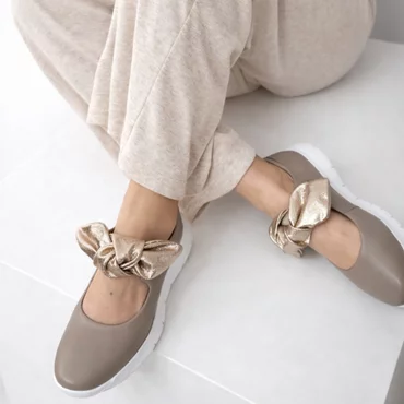 Pantofi casual Piele Naturala Bej cu auriu Mini Bow
