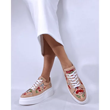 Pantofi casual Piele Naturala Bej roze cu imprimeu color Cherry