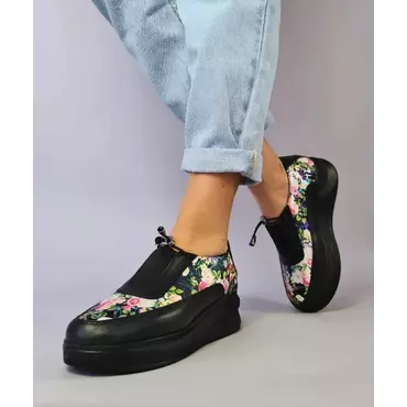 Pantofi casual Piele Naturala Dora Negri cu imprimeu floral
