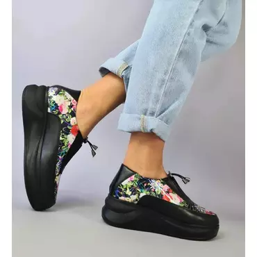 Pantofi casual Piele Naturala Dora Negri cu imprimeu floral