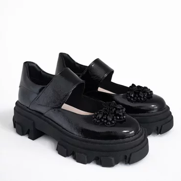 Pantofi casual Piele Naturala Negri cu accesoriu floare Ada