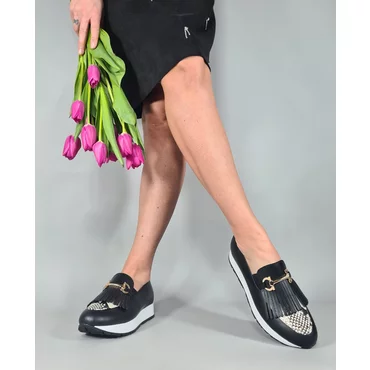 Pantofi casual Piele Naturala Negri cu Bej Klara cu franjuri si accesoriu