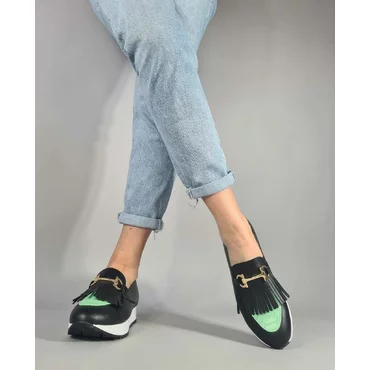 Pantofi casual Piele Naturala Negri cu verde Klara cu franjuri si accesoriu
