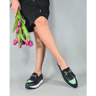 Pantofi casual Piele Naturala Negri cu verde Klara cu franjuri si accesoriu