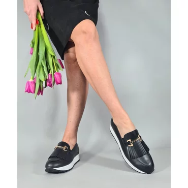 Pantofi casual Piele Naturala Negri Klara cu franjuri si accesoriu