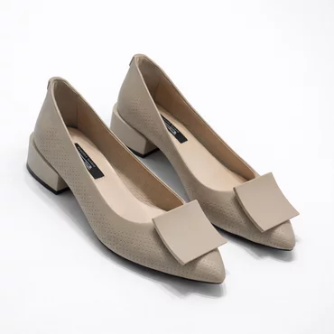Pantofi eleganti din Piele Naturala Bej cu toc mic Amber