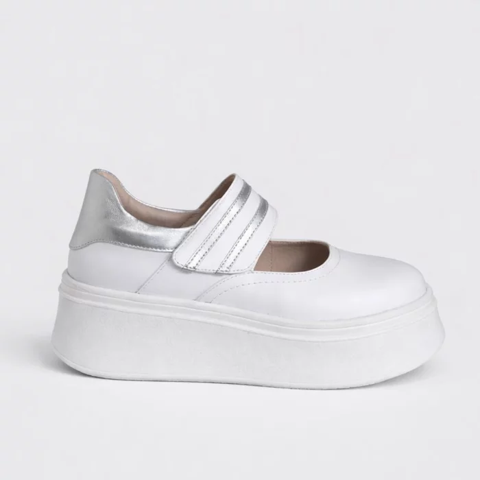 Pantofi sport elegant Piele Naturala Albi cu argintiu Garkony Silver Line picture - 4