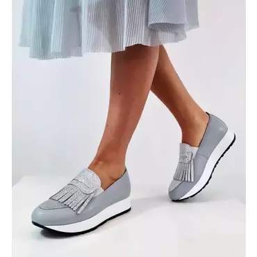 Pantofi sport piele gri Klara cu franjuri argintii