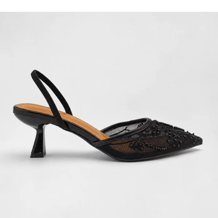 Pantofi stiletto eleganti din dantela Negri cu toc mic Lolita picture - 2