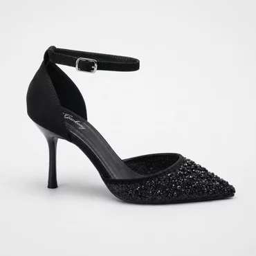 Pantofi stiletto eleganti toc stiletto Satin Negru cu strasuri Astra