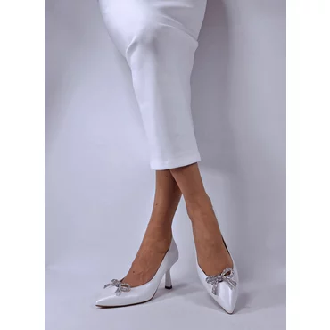 Pantofi stiletto Piele Naturala alb sidefati cu accesorii funde detasabile Veronika
