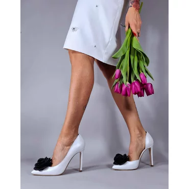Pantofi stiletto Piele Naturala Albi sidefat cu floare Madona