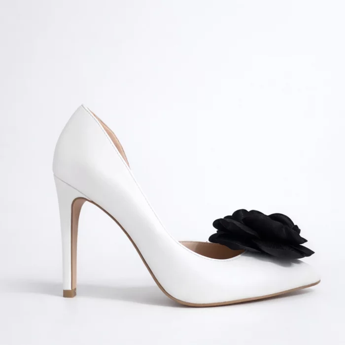Pantofi stiletto Piele Naturala Albi sidefat cu floare Madona picture - 2