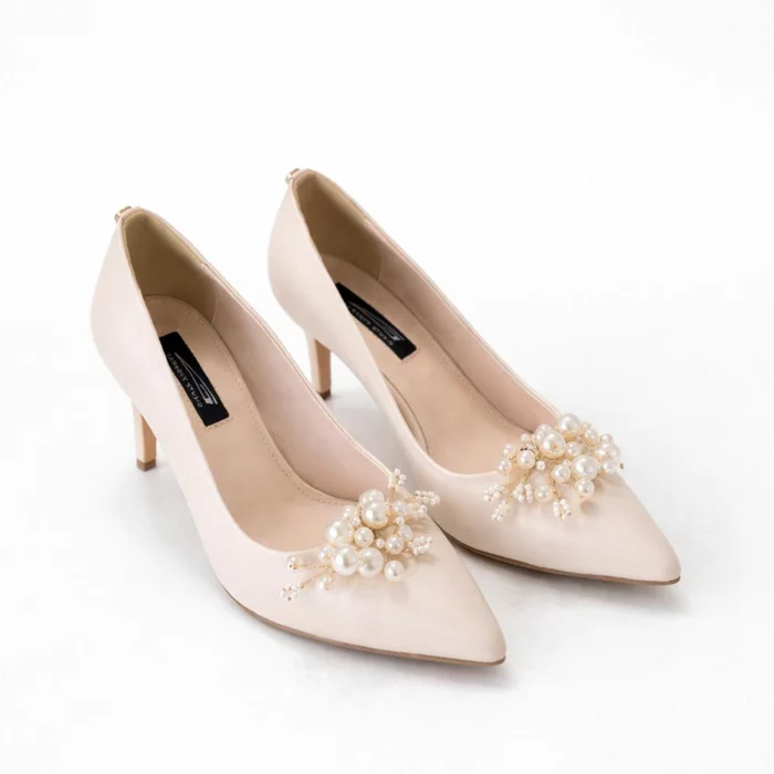 Pantofi stiletto Piele Naturala Crem cu accesoriu detasabil Pearl White picture - 3