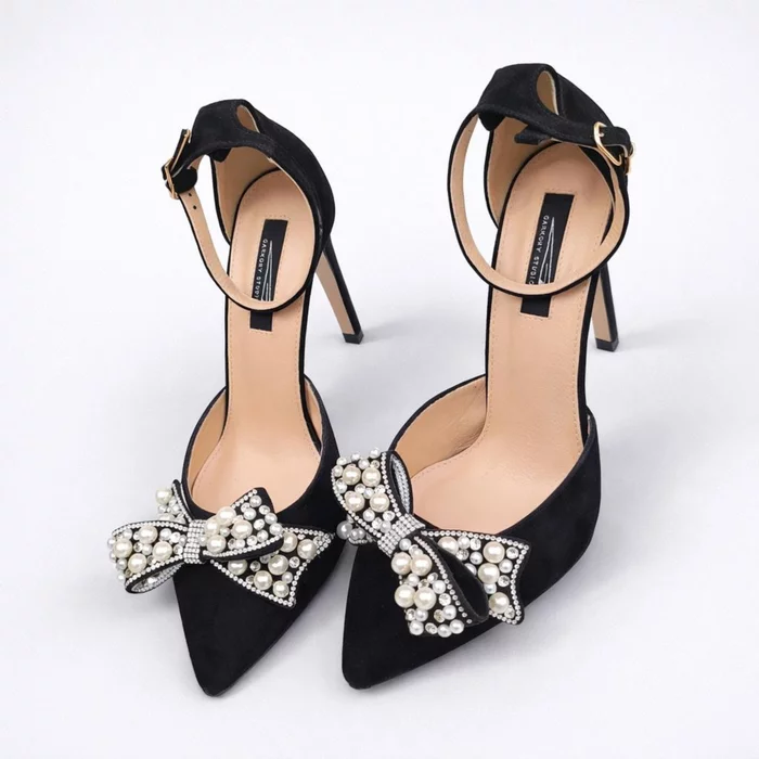 Pantofi stiletto Piele Naturala Negri cu funda perle Pearl picture - 2