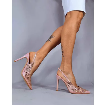 Pantofi stiletto saten roz cu strasuri Lucy