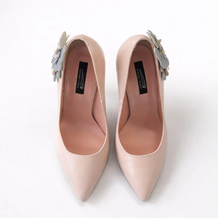 Pantofi stiletto trend piele roz pudra cu aplicatii florale picture - 3