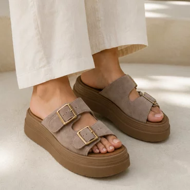 Papuci dama Piele Naturala Taupe cu talpa platforma Trek
