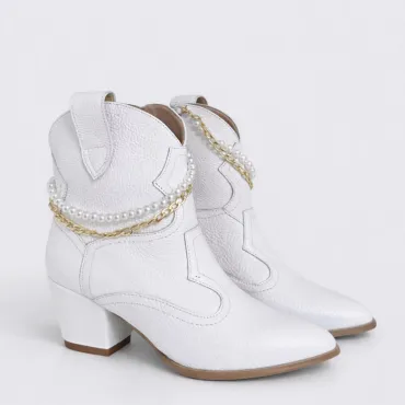 Ciocate dama Piele Naturala Albe bizonat accesorizate cu lant perle Sisa