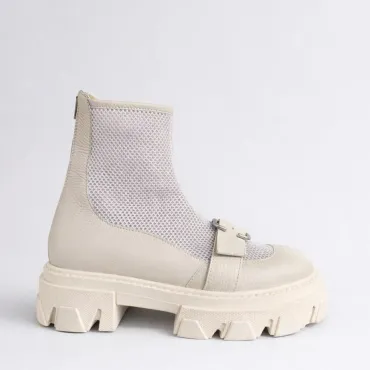 Ghete dama de vara Piele Naturala Bej si plasa textil Kamila