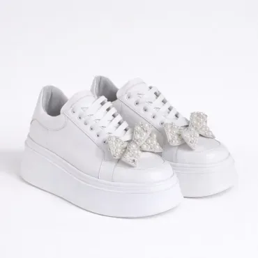 Pantofi casual Piele Naturala Albi sidefat cu funda perle Velisse